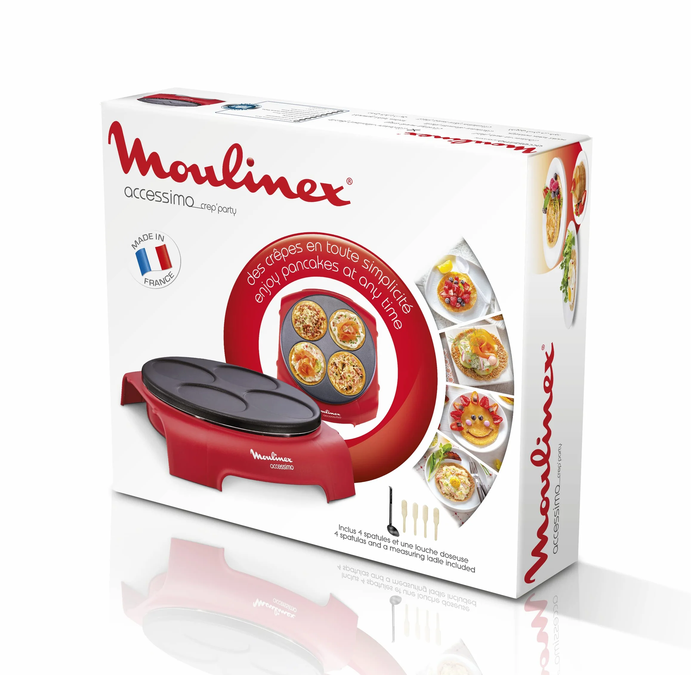 Moulinex PY312511, Crepera Accessimo Placa Prometal con Revestimiento Antiadherente, 720 W, Capacidad de 4 creps, 4 Espátulas y cucharón incluidos, Fácil uso, Almacenamiento vertical, Color Rojo