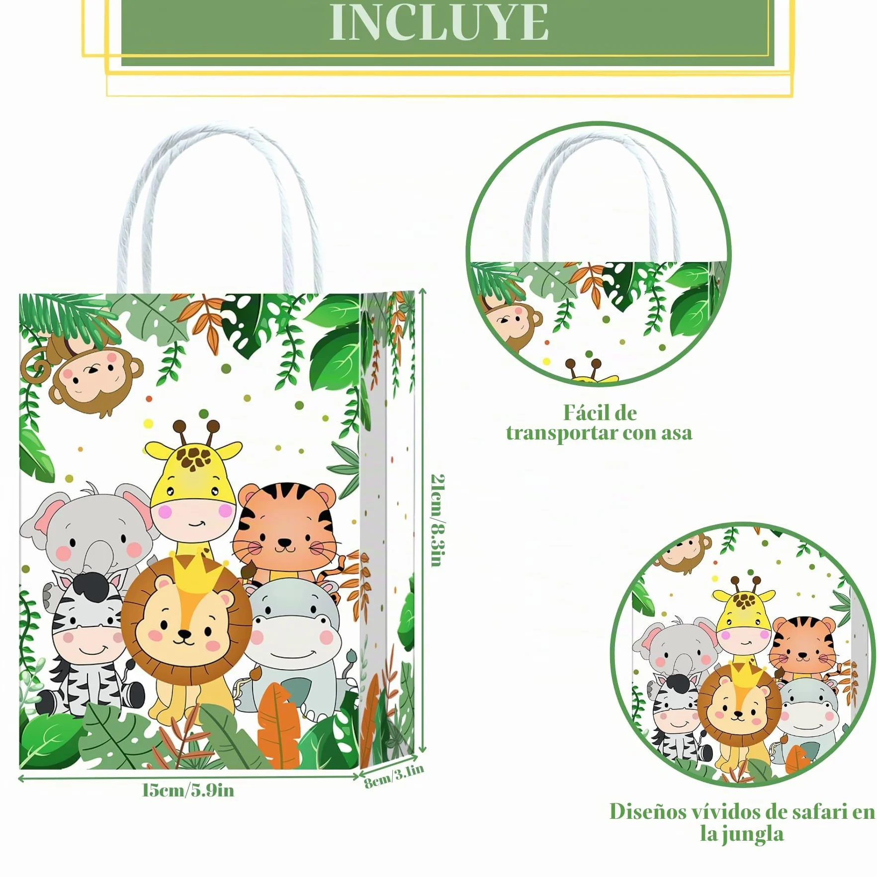 10 bolsas para fiestas Jungle Safari, bolsas de regalo Jungle Safari, bolsas de papel con asas, bolsas de regalo de cumpleaños con animales, bolsas de regalo de papel con animales