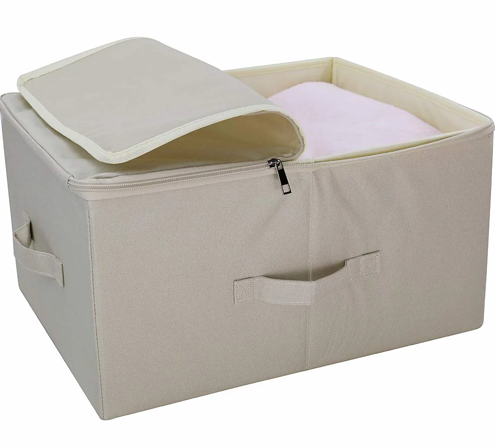 iwill CREATE PRO Contenedores de almacenamiento de lino plegables Jumbo, Tide Up Your Closet, conveniente compartimiento de almacenamiento con tapa, Beige, paquete de 2