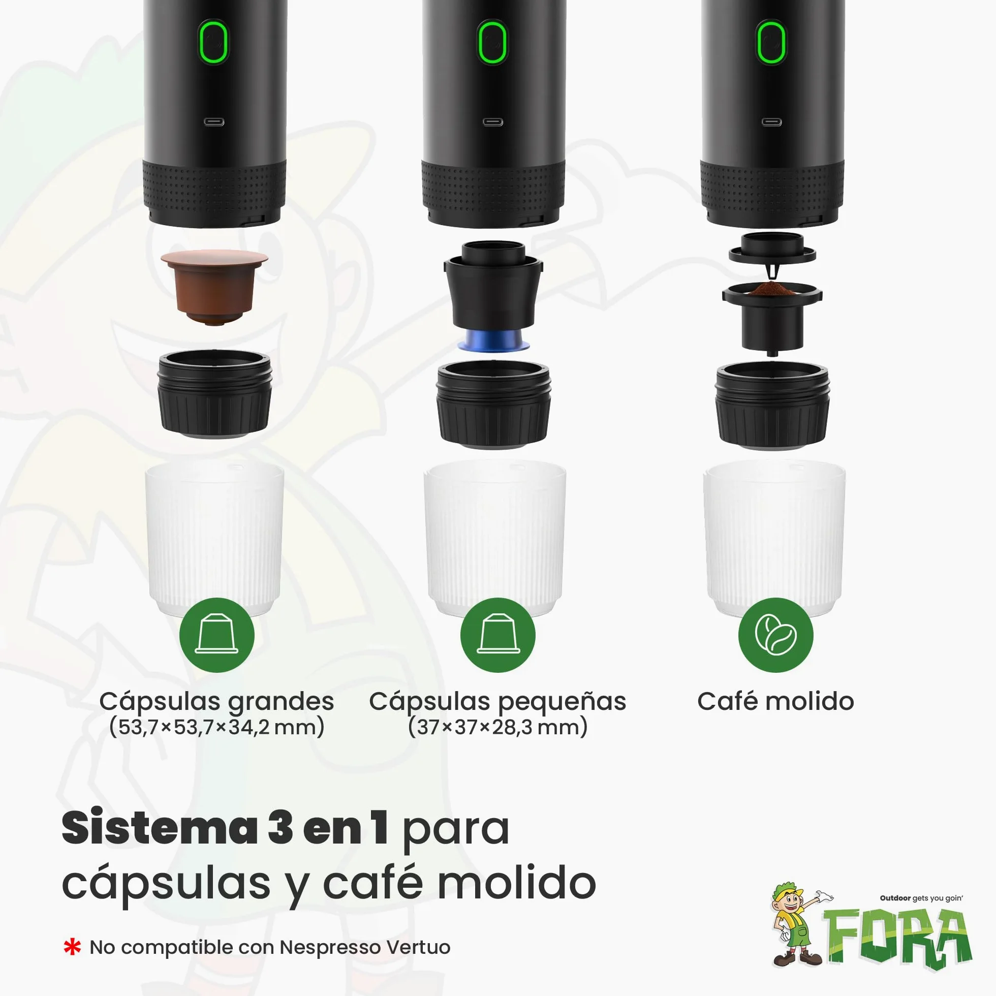 FORA Cafetera Portatil Espresso 3 en 1 - Capsulas y Cafe Molido, 20 Bares | Compatible Nespresso Original y Dolce Gusto. Bateria recargable USB-C, frio y caliente. Ideal coche, camping, oficina.