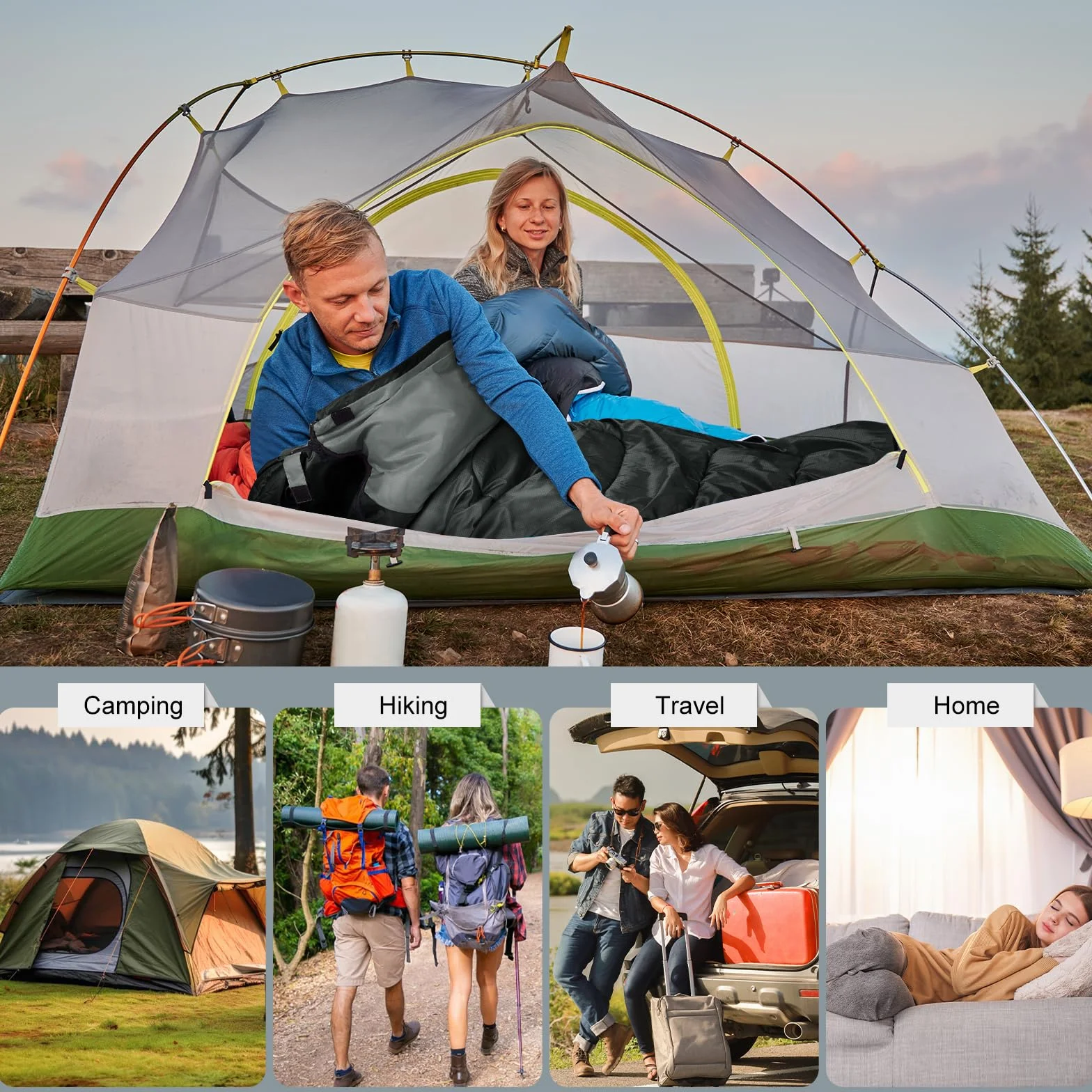 Saco de Dormir Adulto Niños 3-4 Estaciones Ligero Compacto Senderismo Camping Rectangular con Saco de Compresión
