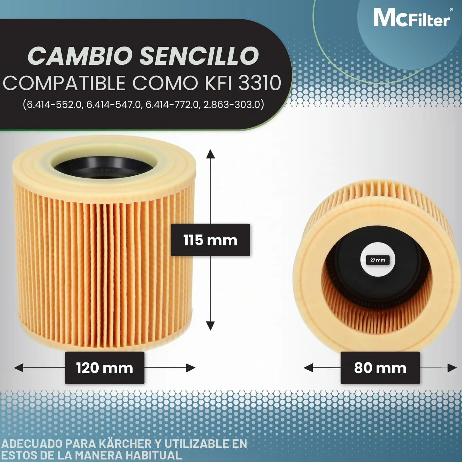 1 juego de 10 bolsas de aspiradora y 1 filtro de cartucho adecuado para aspiradoras multiusos Kärcher de las series WD3 y MV3