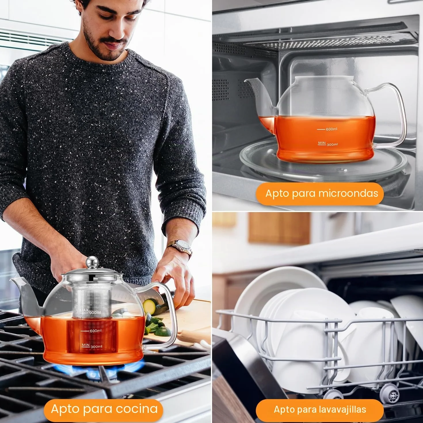 Tetera, STNTUS 1200ml Teteras de Cristal con Infusiones da Acero Inoxidable, Infusor de Te Tetera Vidrio para Estufa y Gas