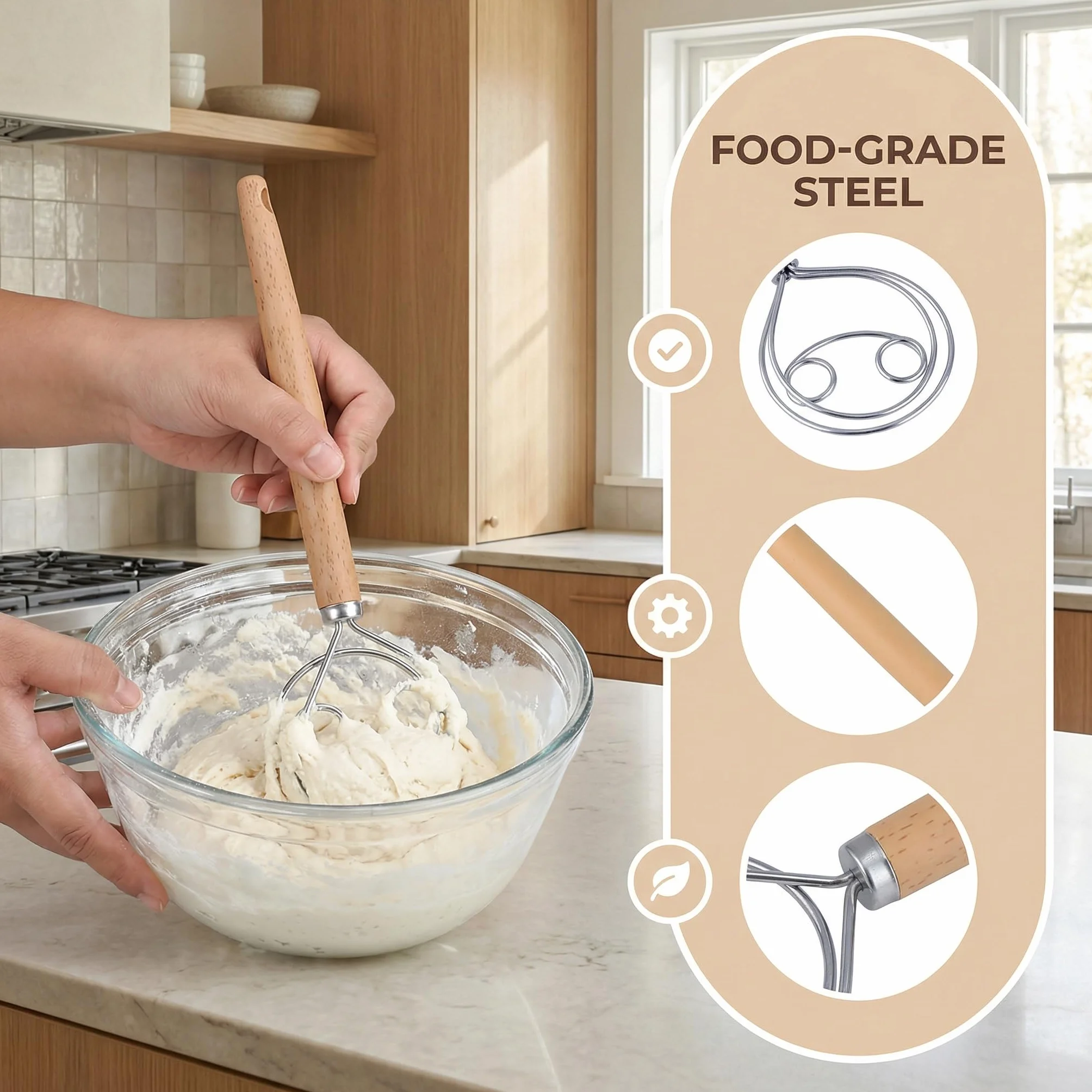 2 Piezas Batidor de Masa Danés, Varillas Cocina de Acero Inoxidable, Batidora Manual con Mango, Accesorios de Cocina para Pan, Masa, Galletas y Pizza