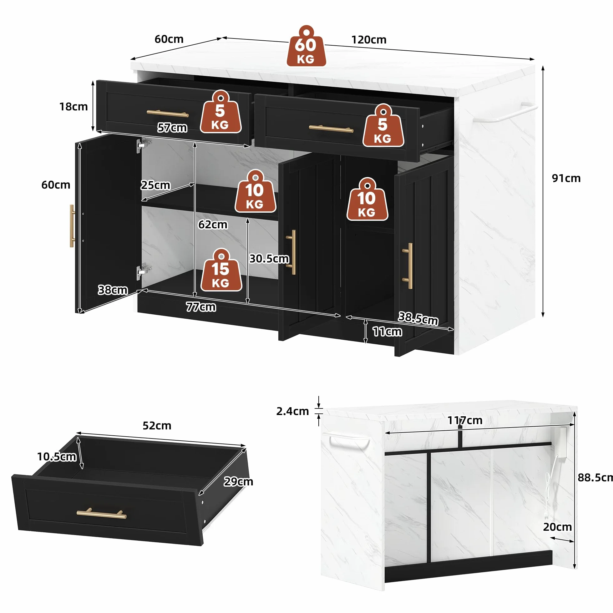 120 x 60 x 91 cm, isla de cocina, enchufes, puertos USB, cable de alimentación de 1,5 m de largo, estantes ajustables, asas de metal, toalleros, zonas de bar, adecuado para apartamentos, cocinas y