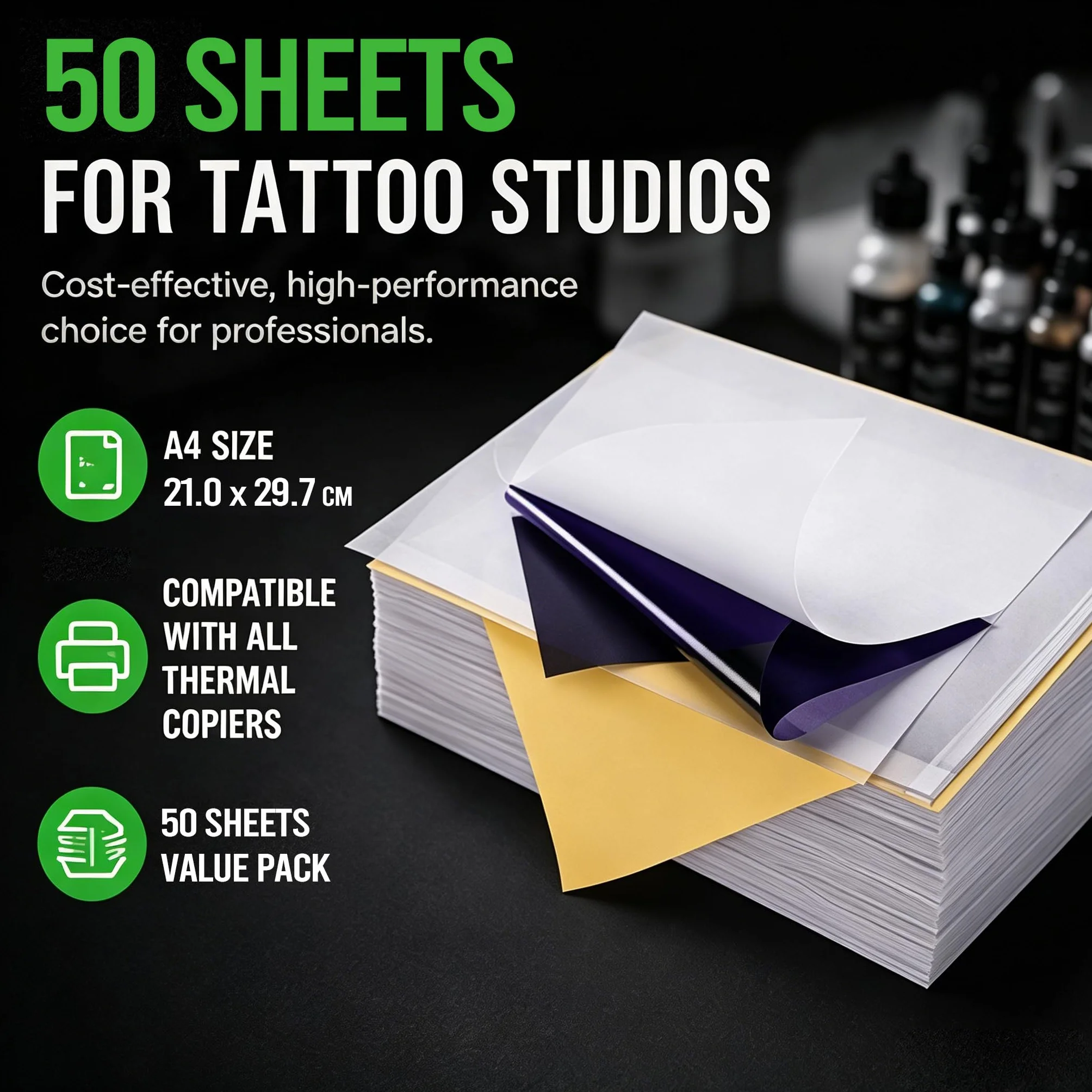 Rayyl 50 Hojas Papel Transfer Tattoo, A4 Papel Hectografico Tattoo Transfer Paper Accesorios de Tatuaje, Ideal para Impresora Tatuajes y Diseño DIY