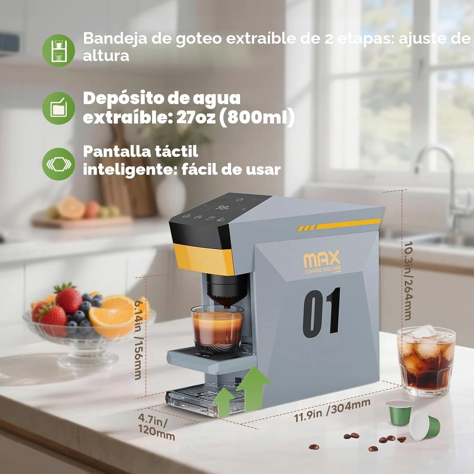 Cafetera 4 en 1, cafetera espresso 19 bares para cápsulas KCup/Nes presso OriginalLine/Dolce Gusto/Café molido, gris nublado