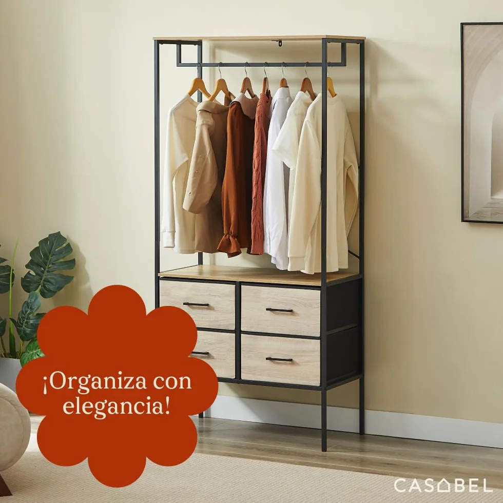 CASABEL Armario Abierto para Ropa 80×40×167 cm con 4 cajones de Tela rígida, cómoda compacta para Dormitorio o recibidor, Estructura de Metal Negro y Tablero de Madera