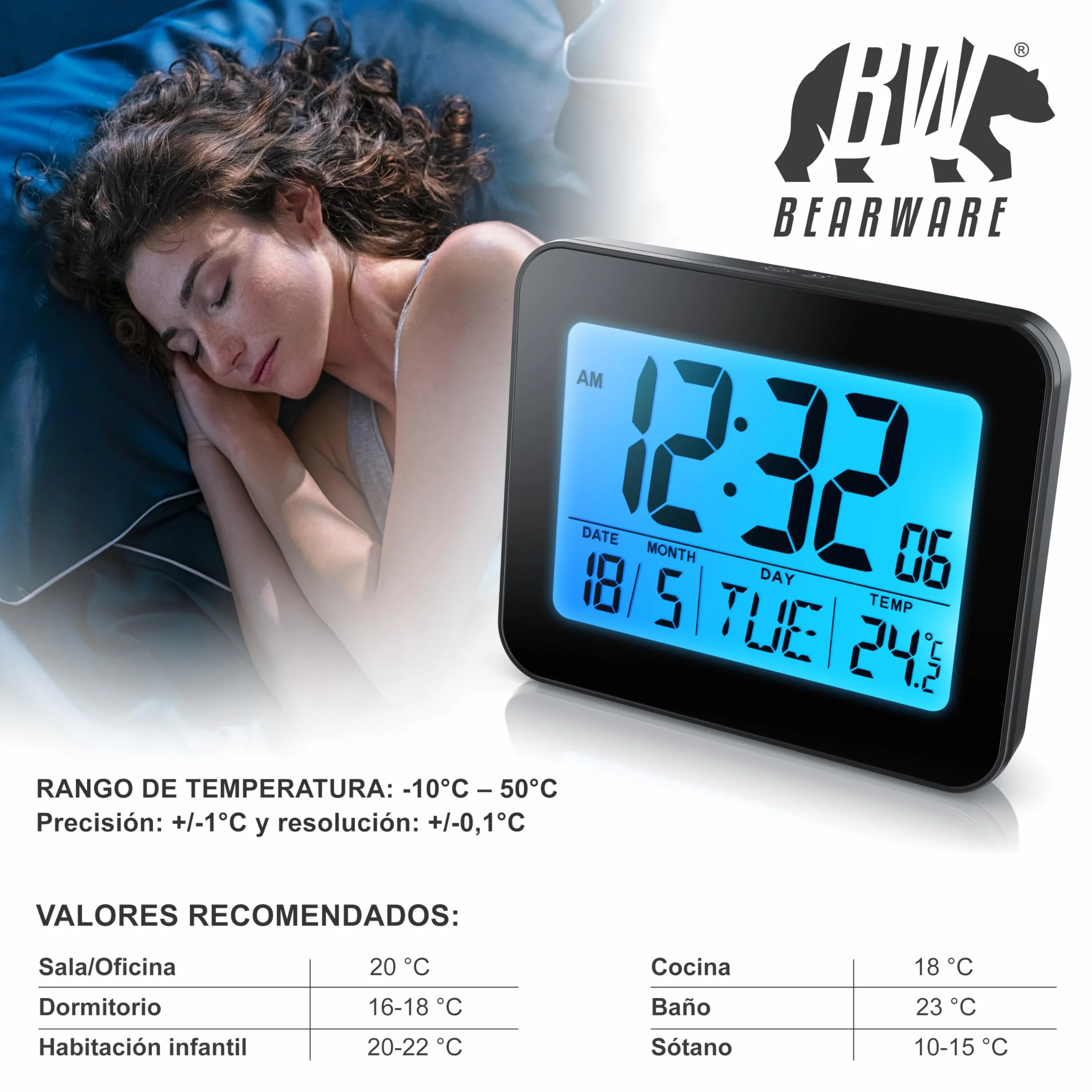 Reloj Despertador Digital con 9cm Pantalla LED de Temperatura Fecha y día, Alarm Cloc Snooze Termómetro Formato 12/24 Horas, Reloj Digital de Mesa de Viaje para Sala de Oficinas Familiares
