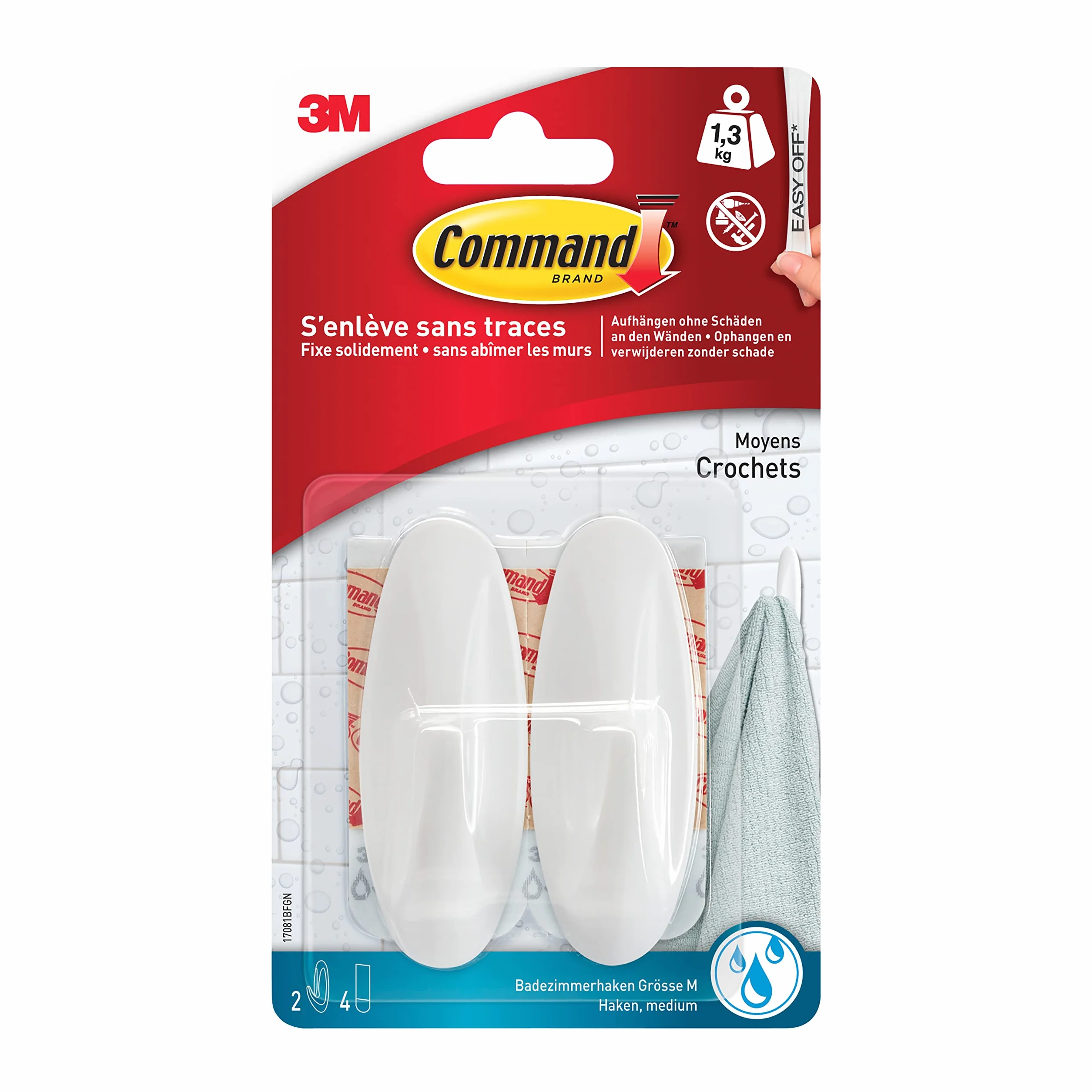 Ganchos de plástico Comando W17081, tamaño M, resistente al agua hasta 1,4 kg Diseño de carga con 2 ganchos y 4 tiras blancas