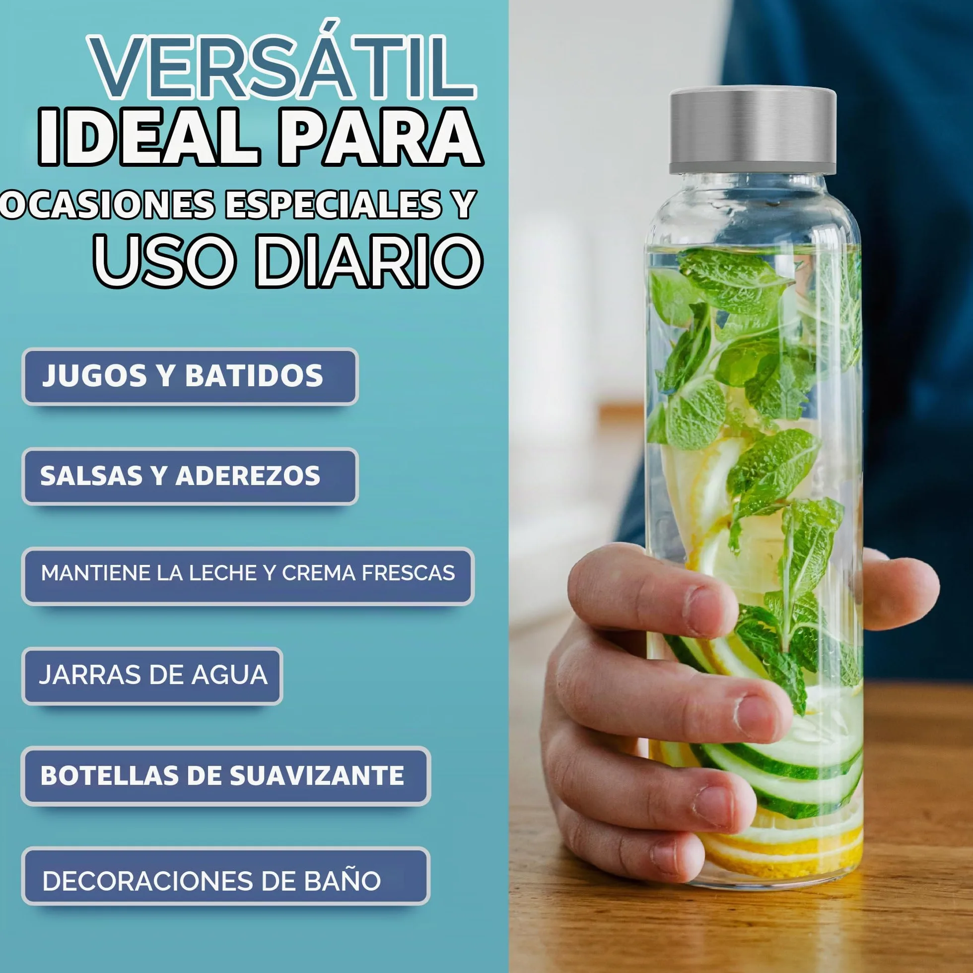 HEFTMAN Botellas de cristal de 500ml con tapa, botella de agua de vidrio vacía, hermética, a prueba de fugas, tapa de acero inoxidable, agua, batidos, botellas de zumo para trabajo, gimnasio, hogar