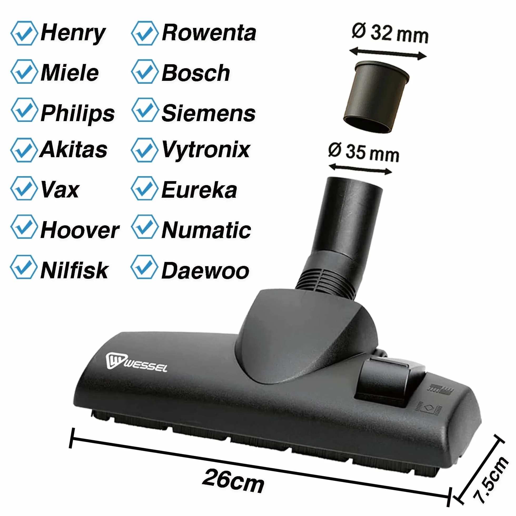 Wessel-Werk Alemania Cepillo aspiradora Universal Boquilla aspiradora 35/32mm para Suelos Duros alfombras eficiencia energética silencioso Compatible con Rowenta Bosch Kärcher Cecotec Eureka Nilfisk