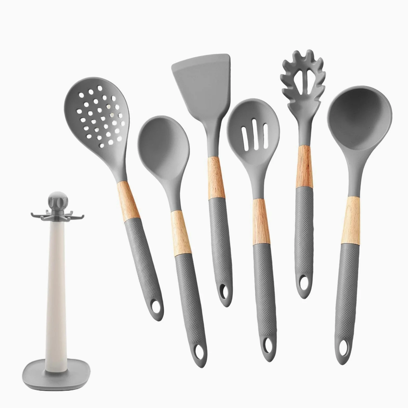 Utensilios de Cocina de Silicona Set de 7 Piezas con Mango Largo, | Cucharas de Cocina, Cucharón y Espátula para Hogar, Apartamento, Restaurante, Camping, Cocinar,
