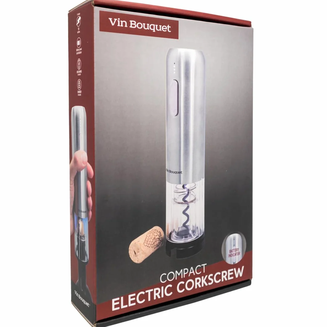 VB VIN BOUQUET FID 004 Sacacorchos eléctrico Compact, Incluye descapsulador y Cargador, Manganese Steel, Plata, 18 x 26.5 x 5.5 cm