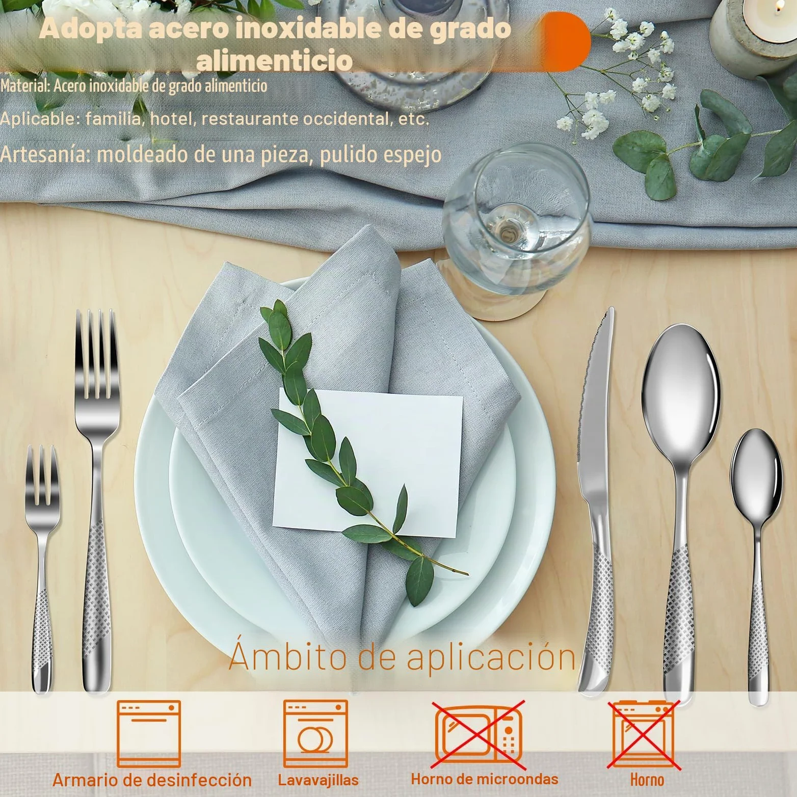 Cubiertos 40 piezas, Kit Cubiertos Individuales Acero Inoxidable para 8 personas, omprend cuchillos/tenedores/cucharas, lavable en lavavajillas, fácil de limpiar