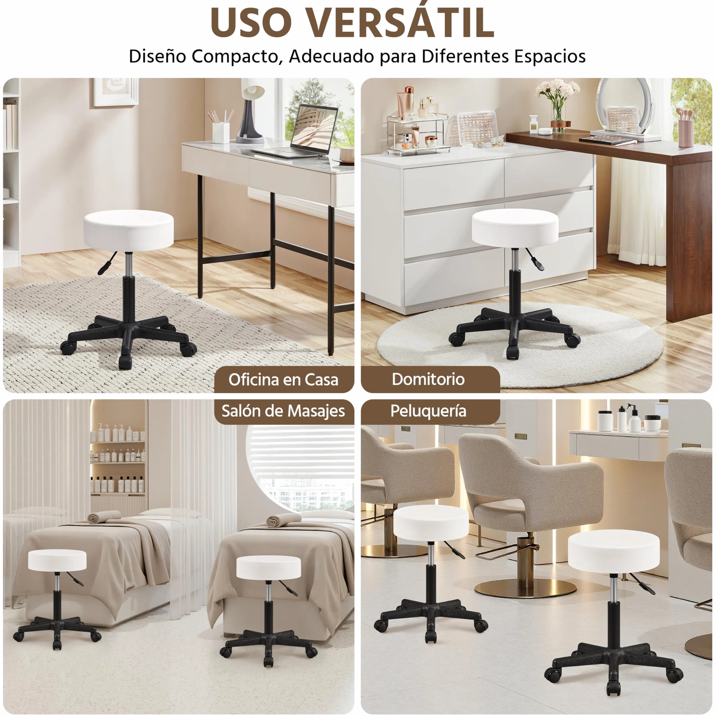 Yaheetech Taburete Giratorio sobre Ruedas, Taburete Rodante Regulable, 46-61.5 cm,Asiento Tapizado de Polipiel Sintético,para Hogar Oficina,Estudio,Tatuajes Salón,Masajes Centro,Belleza,Blanco