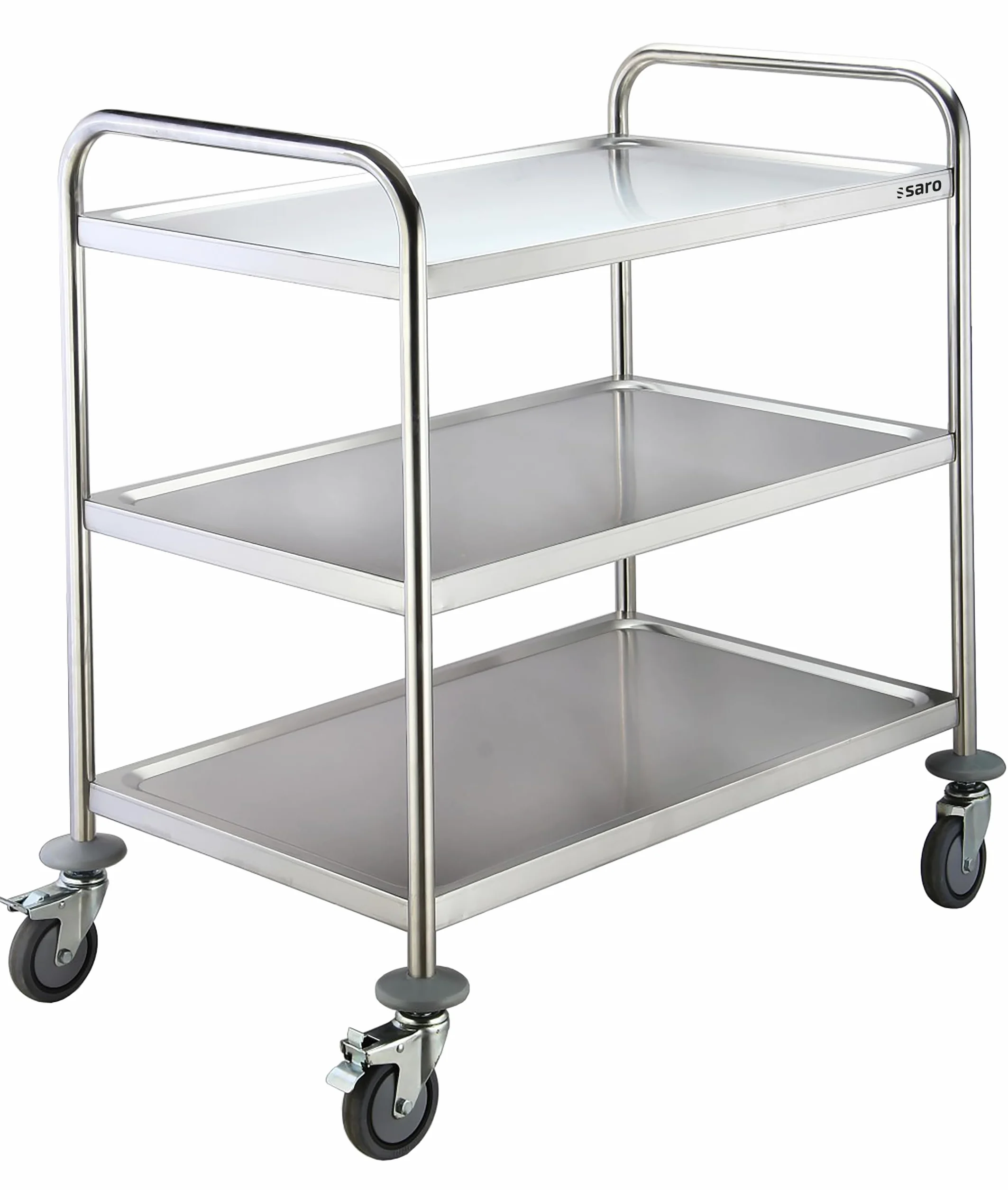 SARO BASTIAN Carro de transporte y servicio con 3 bandejas, acero inoxidable, 80 kg de carga, 4 ruedas (2 con freno), 86 x 54 x 94 cm, para gastronomía y servicio