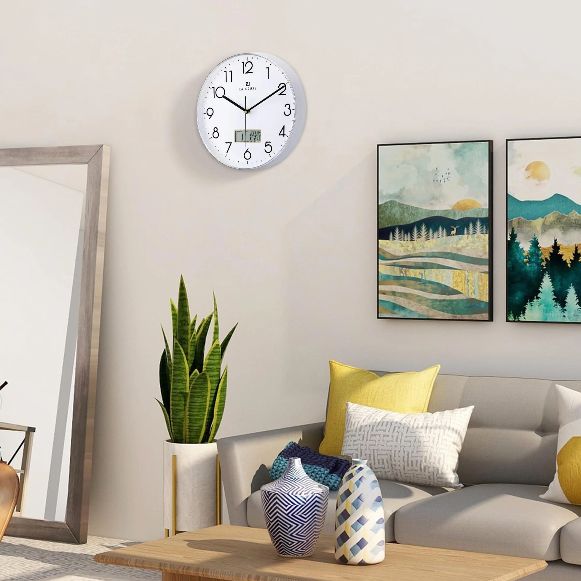 Lafocuse 30cm Reloj de Pared Calendario con Fecha y Termometro Digital LCD, Silencioso Moderno Plateado Reloj Cocina Pared, Fácil de Leer sin Tictac para Salon Dormitorio Oficina