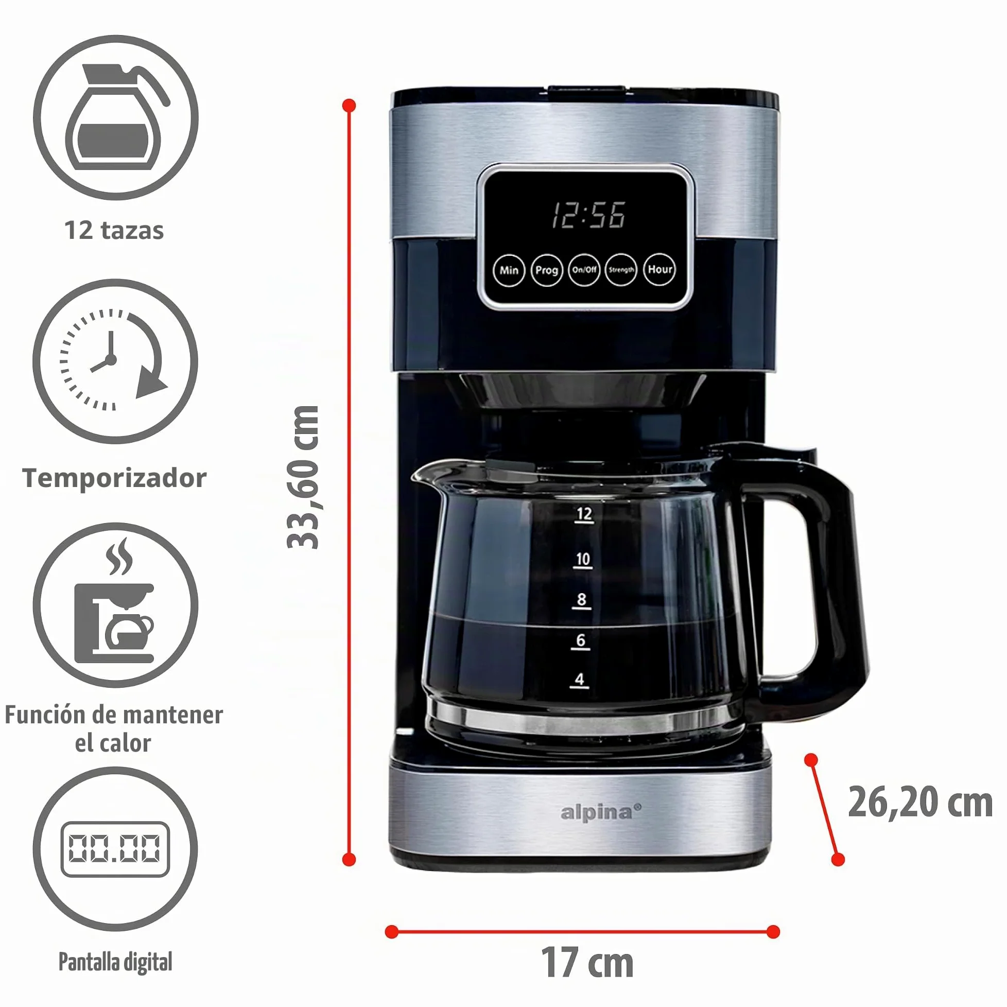 alpina Cafetera de Filtro - Máquina de Café 1.5L/ 12 Tazas de Café de Filtro - Cafetera con Pantalla Digital, Temporizador y Placa Calefactora - Intensidad del Café Ajustable - Negro
