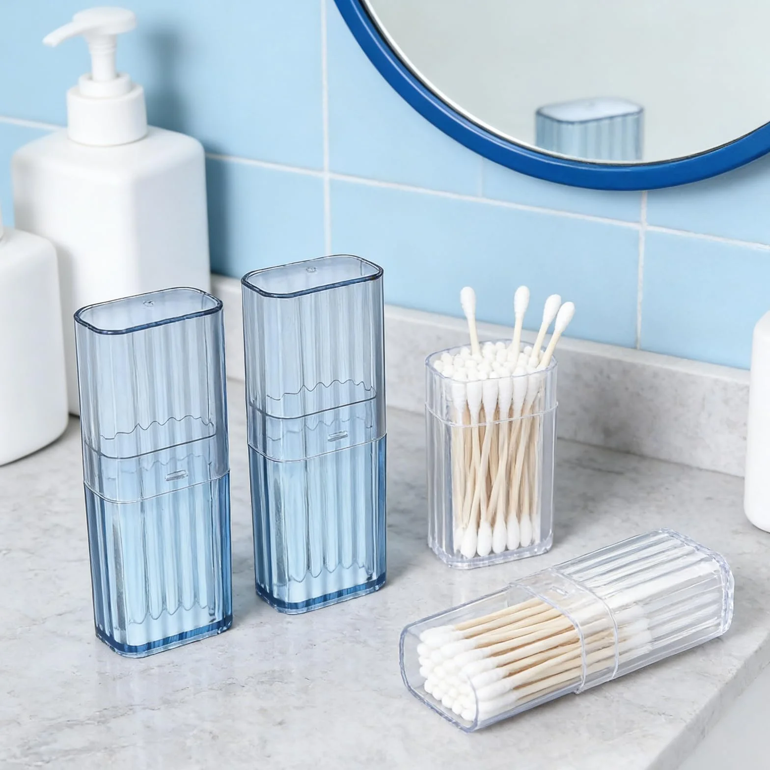 Vauki Contenedor de bastoncillos de algodón, 4 unidades, caja de almacenamiento portátil para bastoncillos de algodón y palillos de dientes, pequeño soporte para hisopos de algodón transparente para