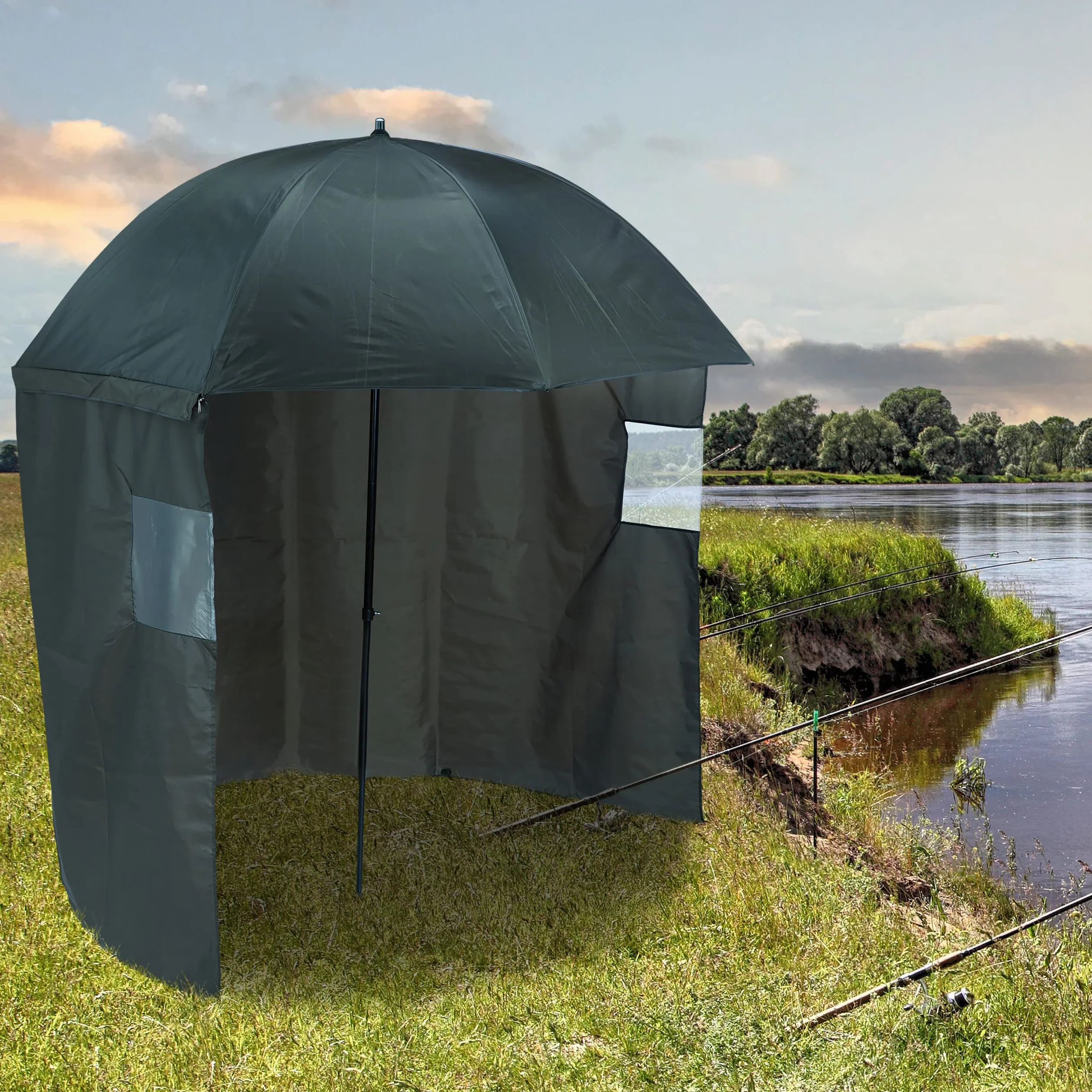Relaxdays Paraguas de Pesca con Pared Lateral, Repelente al Agua, Verde