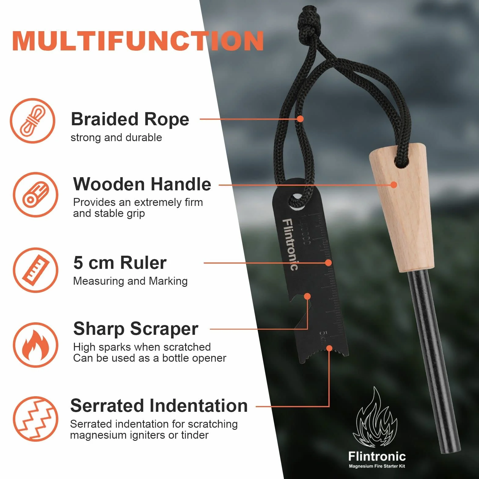 Flintronic Pedernal para Fuego Kits Encendedor Supervivencia de Acero Resistente al Agua con Silbato y Raspador