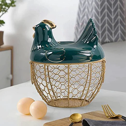 Cesta de almacenamiento de huevos, cesta de alambre de metal con tapa en forma de gallina, soporte de cerámica para 30 huevos