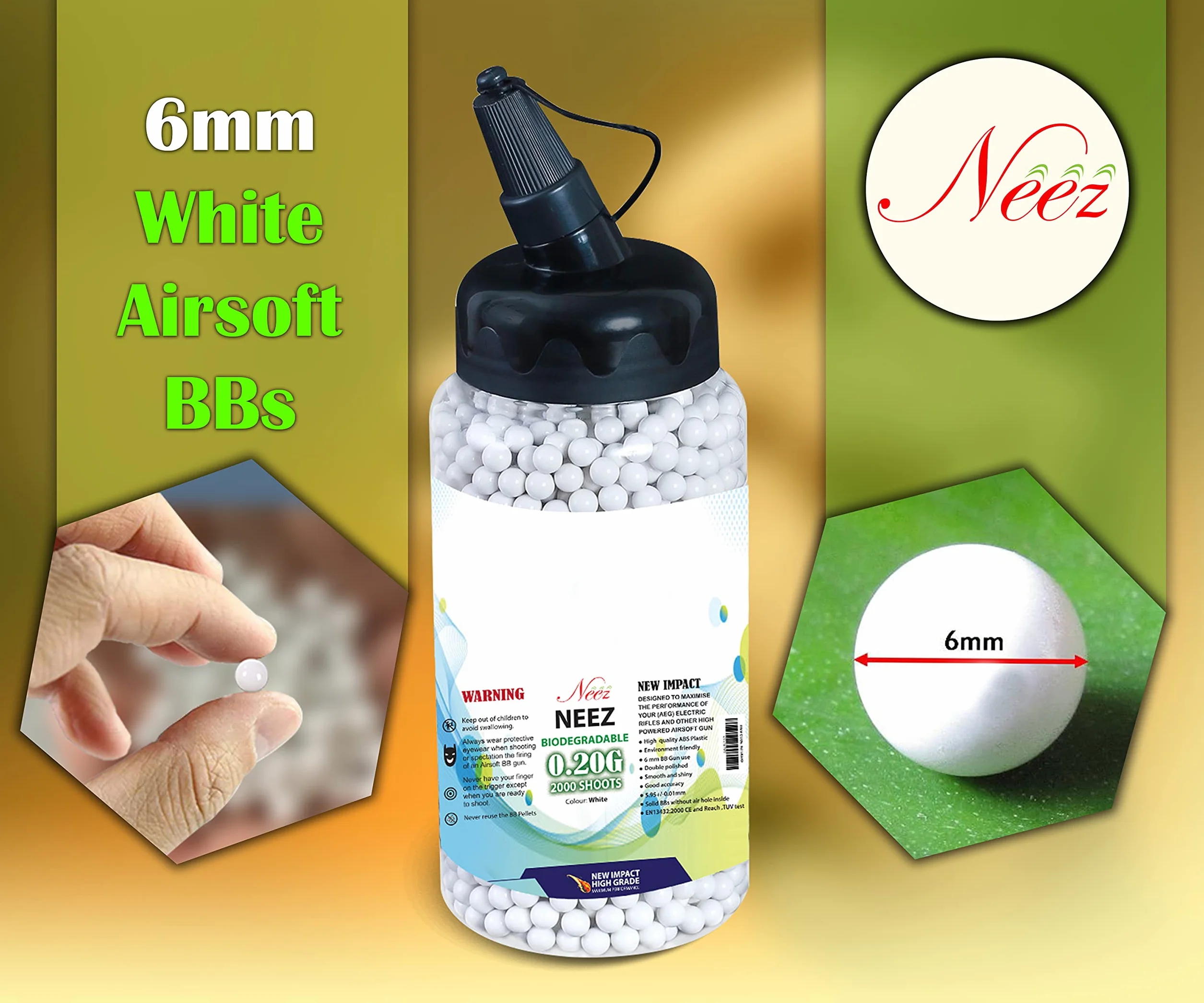 Neez Bolas Airsoft - Plastico Paintball Balas para Pistolas, Fusil, Armas - Bio BBS Bola 6mm 0,20 g BB Pellets 1000, 2000, 5000, 10000 Munición