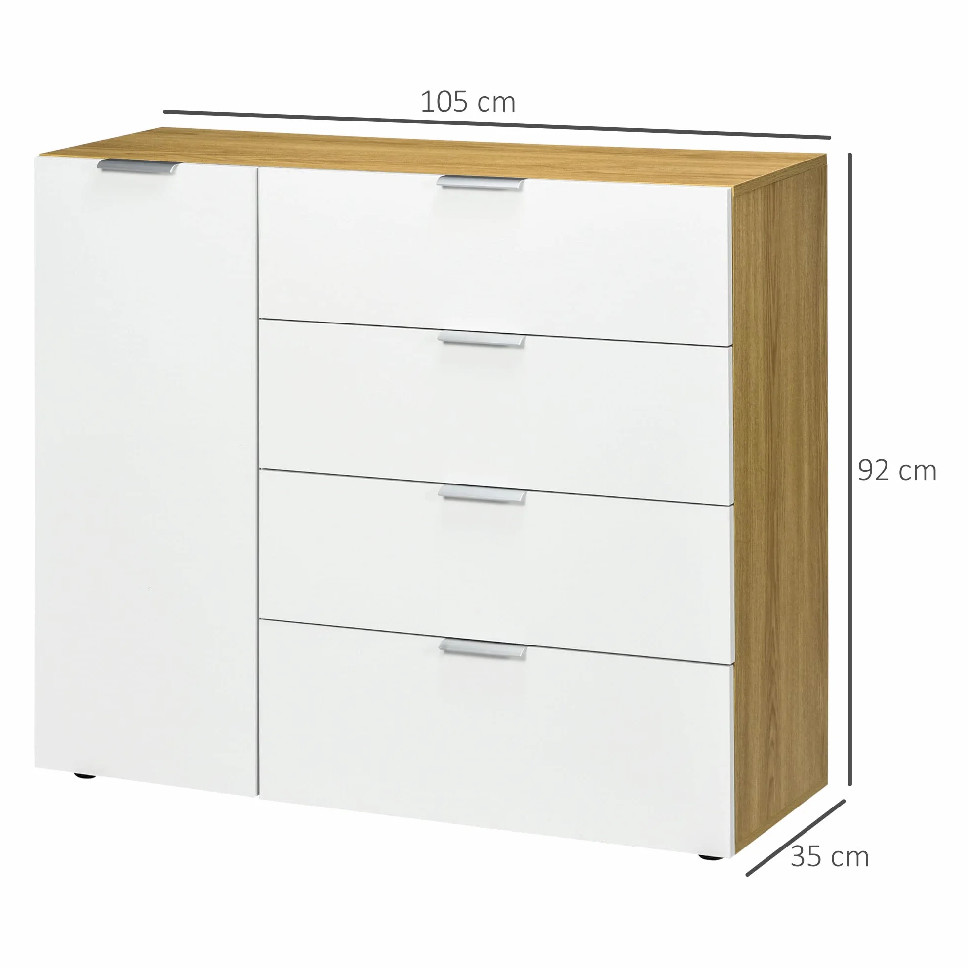 HOMCOM Cómoda de Dormitorio Aparador de Salón con 4 Cajones de de Alto Brillo Puerta y Estantes Ajustables para Comedor 105x35x92 cm Blanco y Natural