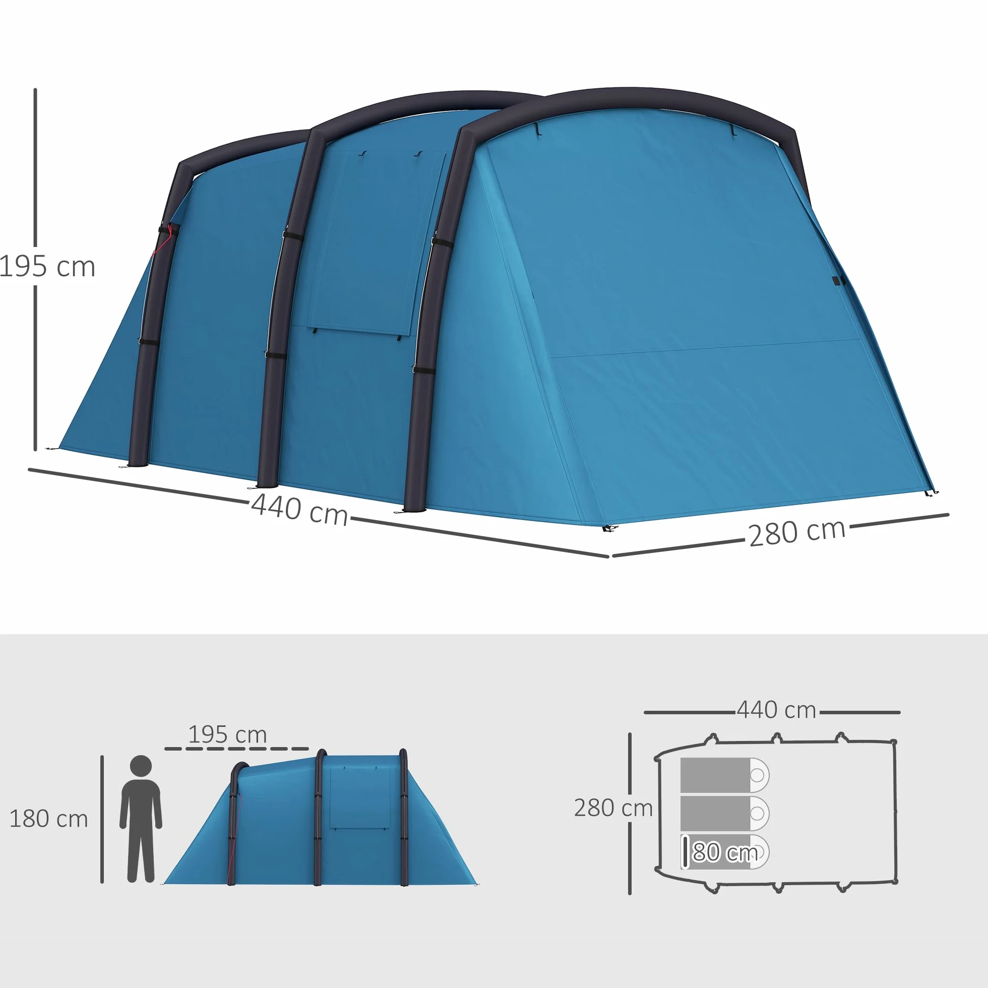 Outsunny Tienda de Campaña Inflable Familiar Tipo Túnel 3-6 Personas Glamping con Vestíbulo Protección UV 50+ Impermeable