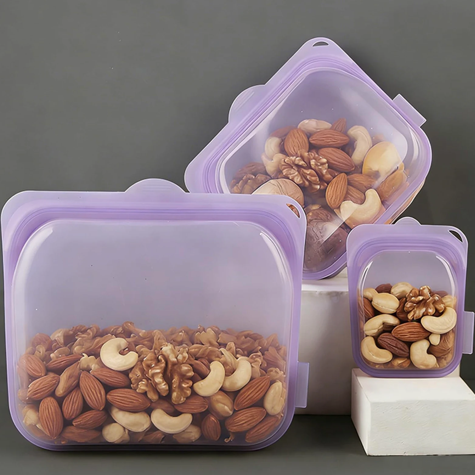 Bolsas Reutilizables para Snacks 3 Recipientes de Silicona para Almuerzo | Bolsas Herméticas para Congelador para Preparar Comidas, Viajes, Carne, Queso, Verdura, Fruta