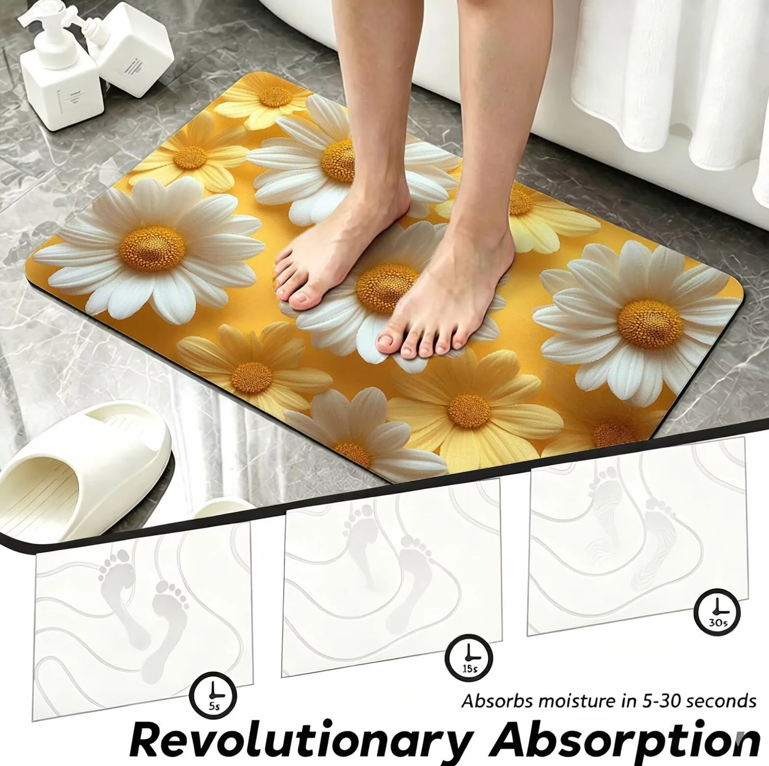 Alfombra Diatomita Baño 60 x 90 cm, Blanco Alfombra Bañera Antideslizante, Ducha Secado Rapido Alfombrilla Baño, Alfombrilla de Baños Lavable, Fácil de Limpiar, para Ducha, Bañera Margarita O-6506