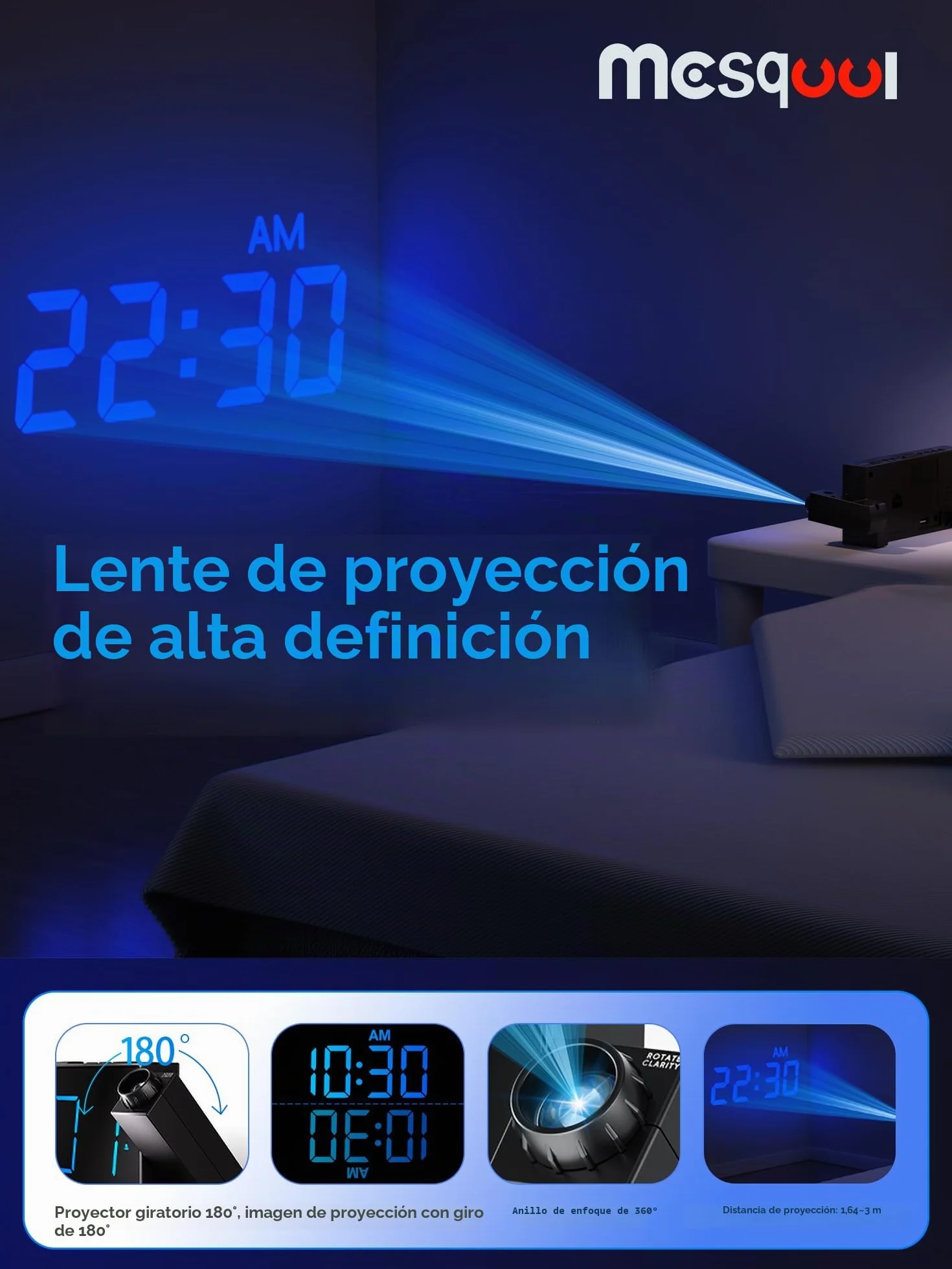 Reloj Despertador de Proyección Digital para Techo de Dormitorios, Reloj con Proyector, Atenuador y Pantalla LED, Timbre Ajustable, Alarmas Duales para Pared, Niños, Personas Mayores con Sueño Pesado