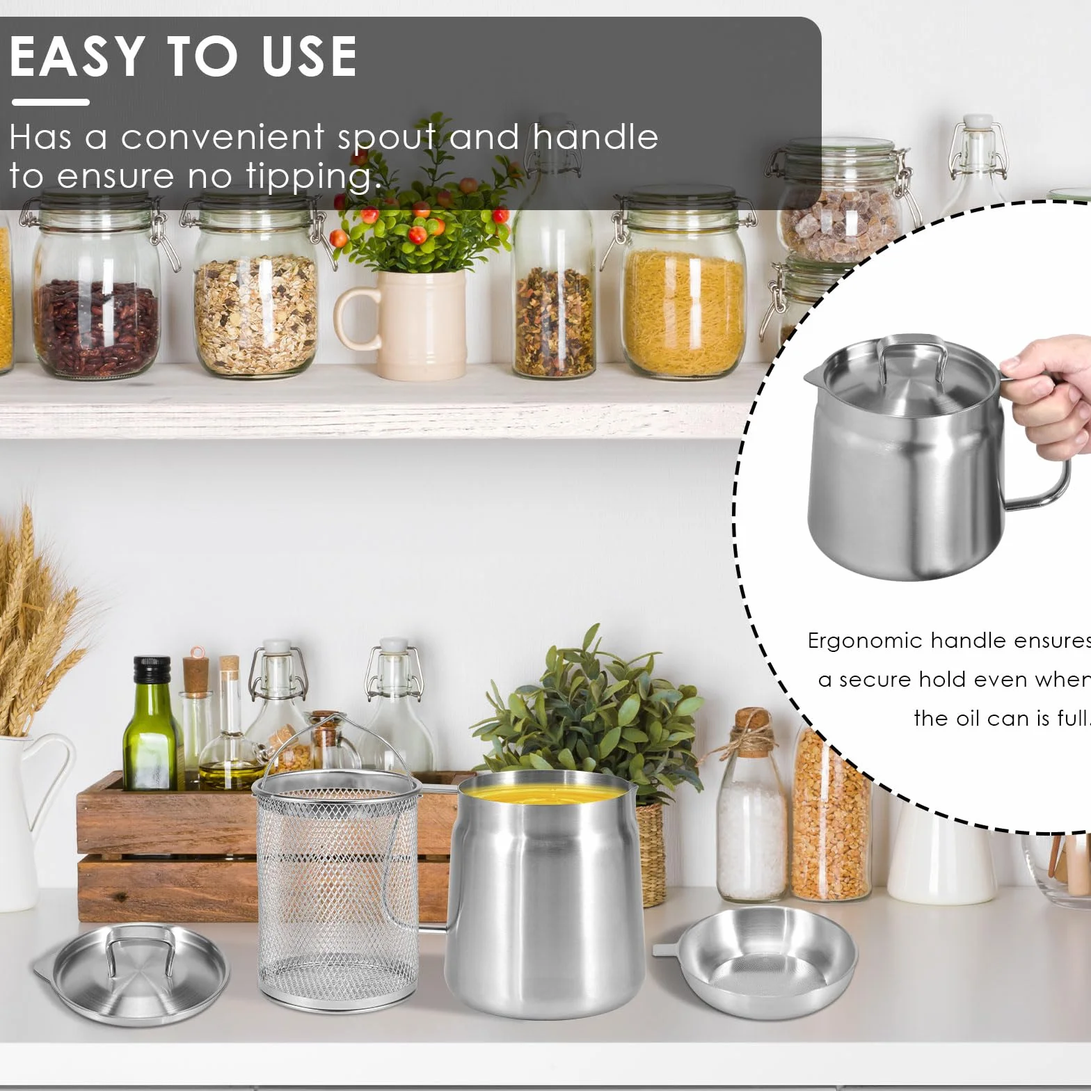 UKQRRTC Olla de almacenamiento de aceite con tapa de filtro y cesta para freír, 1,5 L/2 L, gran capacidad, colador de grasa y recipiente para cocina o freír aceite (2 L)