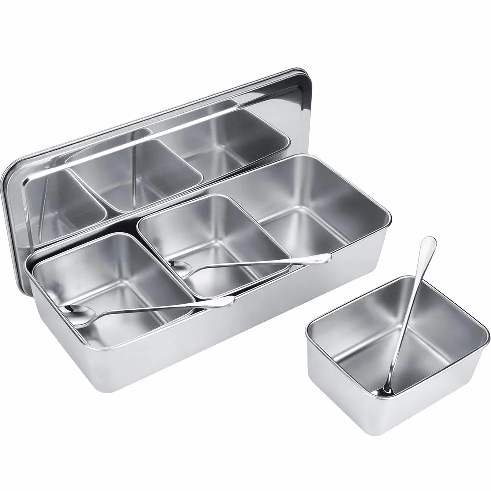 SIXRUN Caja de especias de acero inoxidable, juego de vidrio, tapa de cuchara, 3 rejillas para el hogar, contenedor de especias, cocina, restaurante