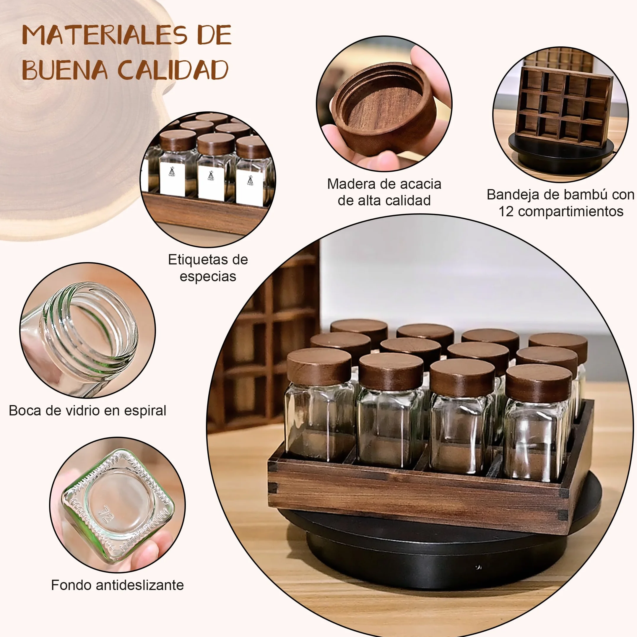 SAEIV Especiero Madera,(12 x 120 ml) Botes Especias, Elegante Organizador Cocina, Especiero Cajon, Organizador De Especias Cocina