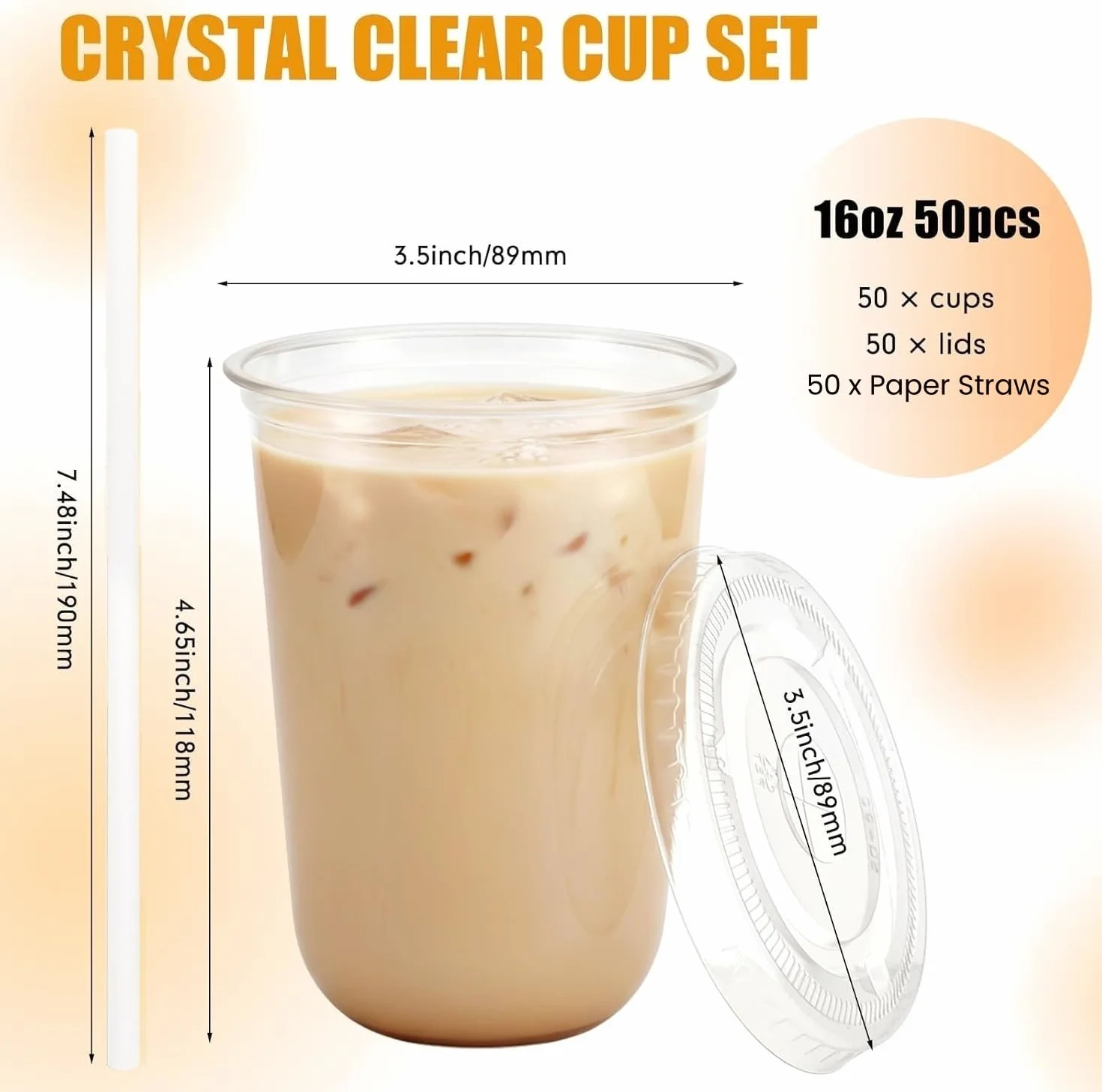 KAHEIGN 50 Piezas Vasos de Plástico Transparente con Tapa Y Pajitas de Papel, 480ml Vaso Reutilizable de Plástico para Café Elegantes Vasos para Café Helado Batidos Bebidas Frías Fiestas Catering