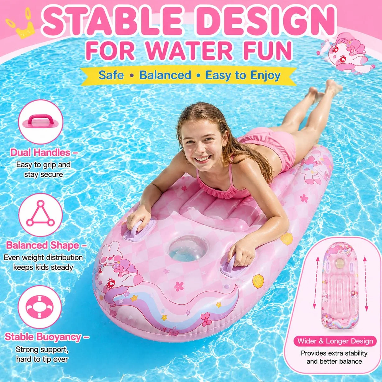 ACTOYS Bodyboard Niños Hinchable con Asas Tabla Surf Juguetes de Agua Playa Piscina