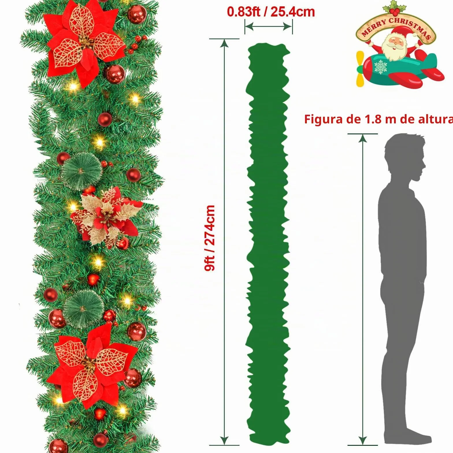 Guirnalda Navidad De 2,7 M/9 FT Con Luces Led, Decoraciones Artificiales para Puertas, Chimeneas, Escaleras y Árboles De Navidad