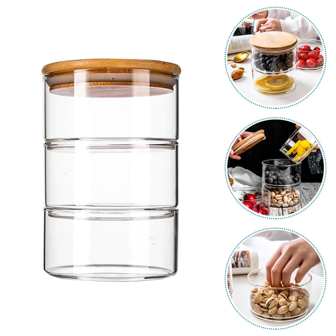 Bol de Ensalada de Vidrio con Tapa, Juego de 1, Bambú | Apilable y Ahorro de Espacio, Fácil de Limpiar, para Restaurantes y Decoración Fotográfica