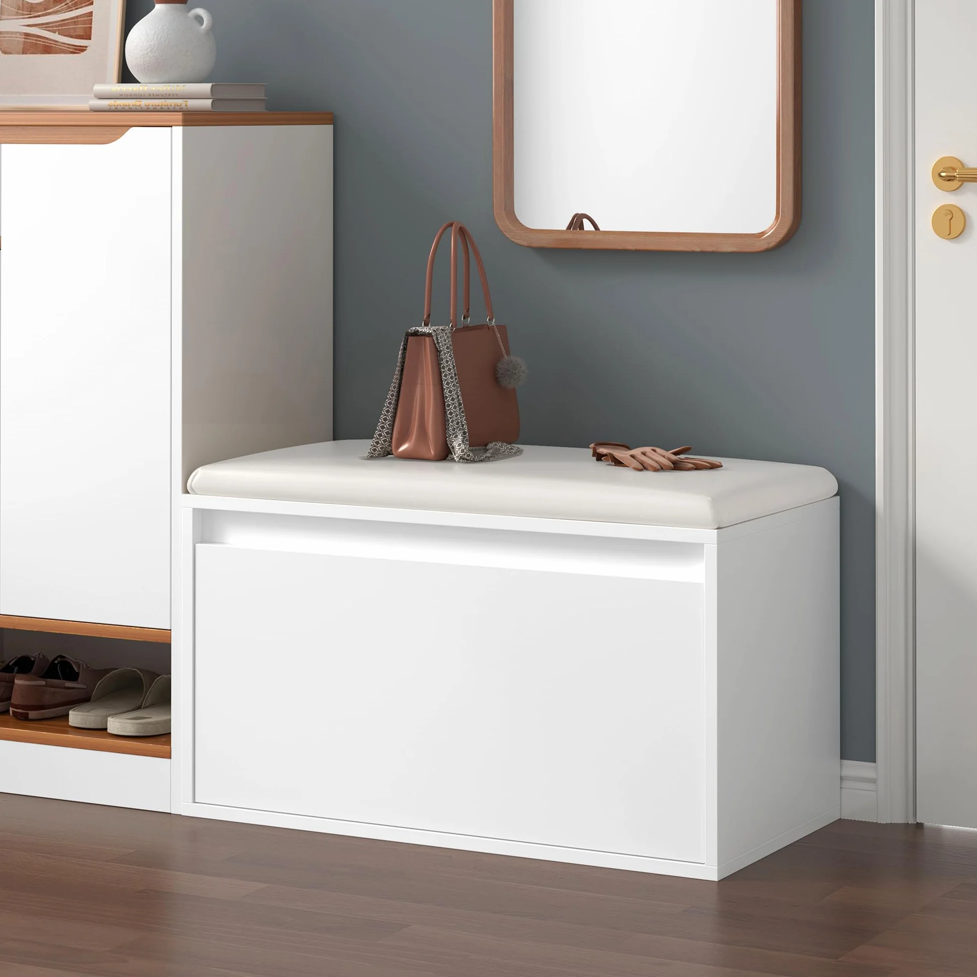 [en.casa] Banco Zapatero Degerfors con Cajón Mueble Zapatero para 3 Pares de Calzado con Asiento Tapizado para Entrada Recibidor Dormitorio Aglomerado Polipiel 80 x 39 x 45 cm - Blanco
