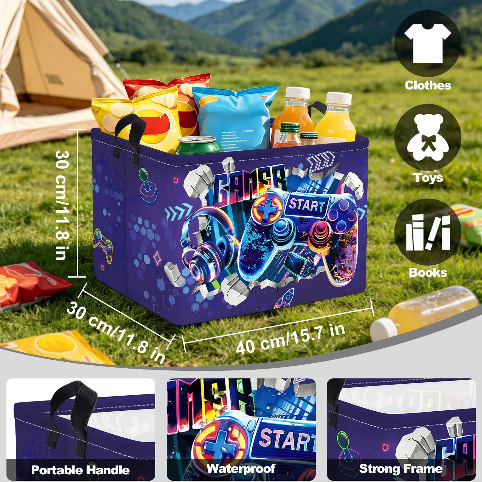 Clastyle Cestos Almacenaje Juego de Aventuras Cesta Ropa Sucia Plegable para Habitación Bebé Dormitorio Cajas de Almacenaje Juguetes para Chico Chica, Púrpura 3D, 40x30x30 cm
