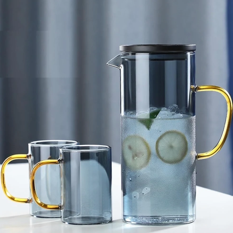 Jarra Jarra de agua fría vidrio espesado con asa | Jarra for bebidas con té helado y jugo con alto contenido de borosilicato(Blue)