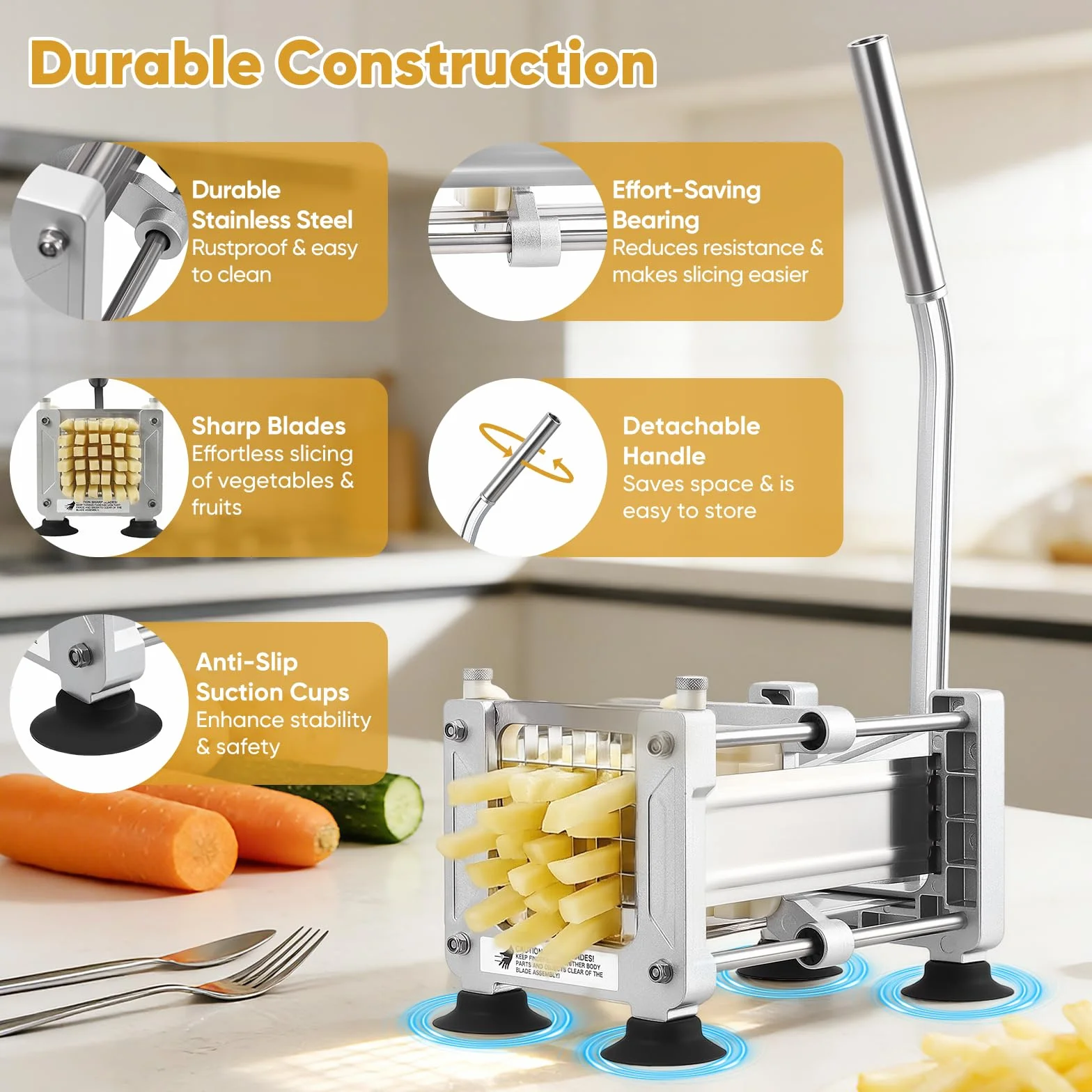 cortador de patatas manual con 1/2",3/8",1/4" cuchilla,profesional cortador patatas fritas equipado 4 ventosa para restaurante casero patatas enteras, zanahorias, pepinos, cebollas
