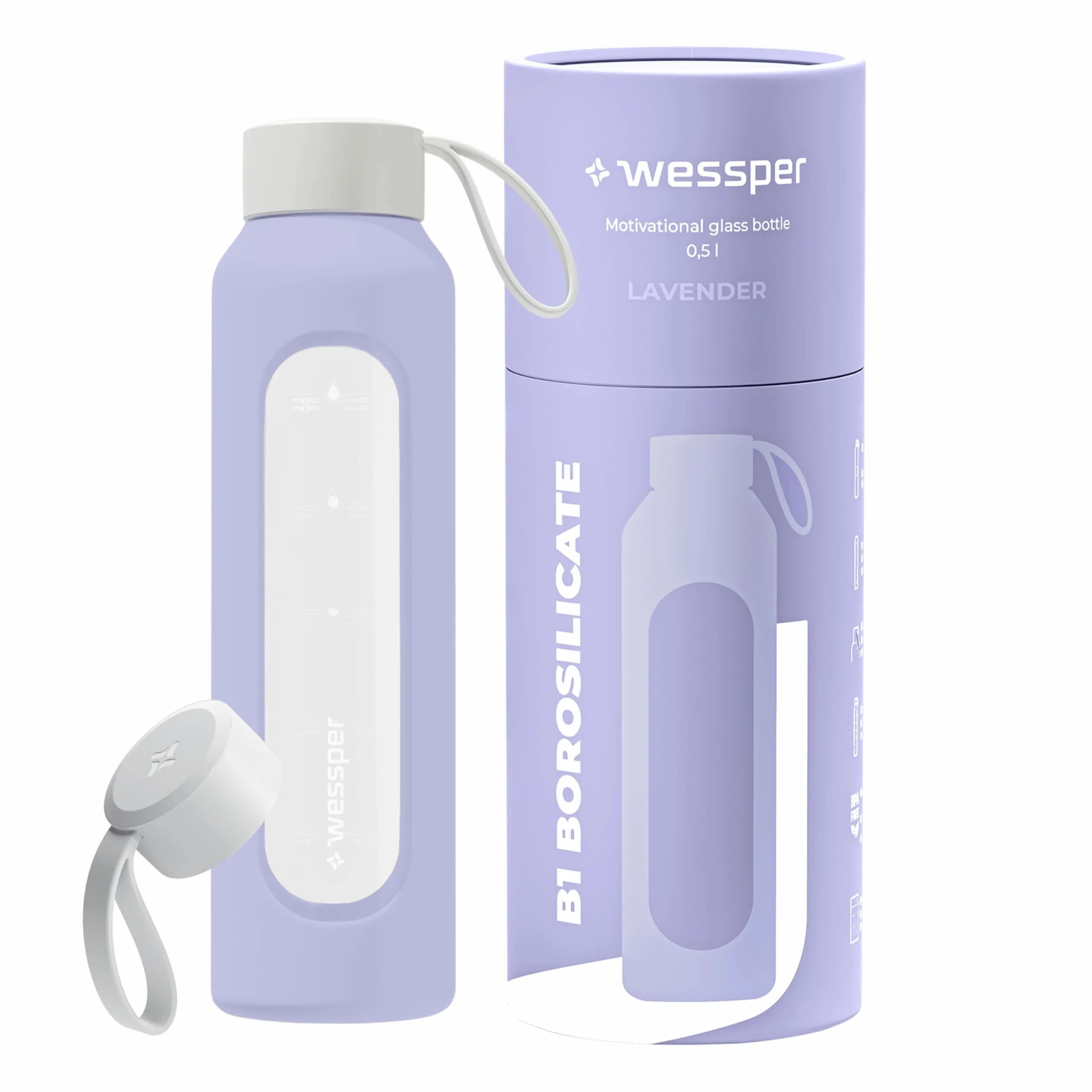 Wessper Botella de Agua Cristal 500 ml con Escala de Hidratación, Vidrio Borosilicato con Funda de Silicona, Sin BPA - Violeta