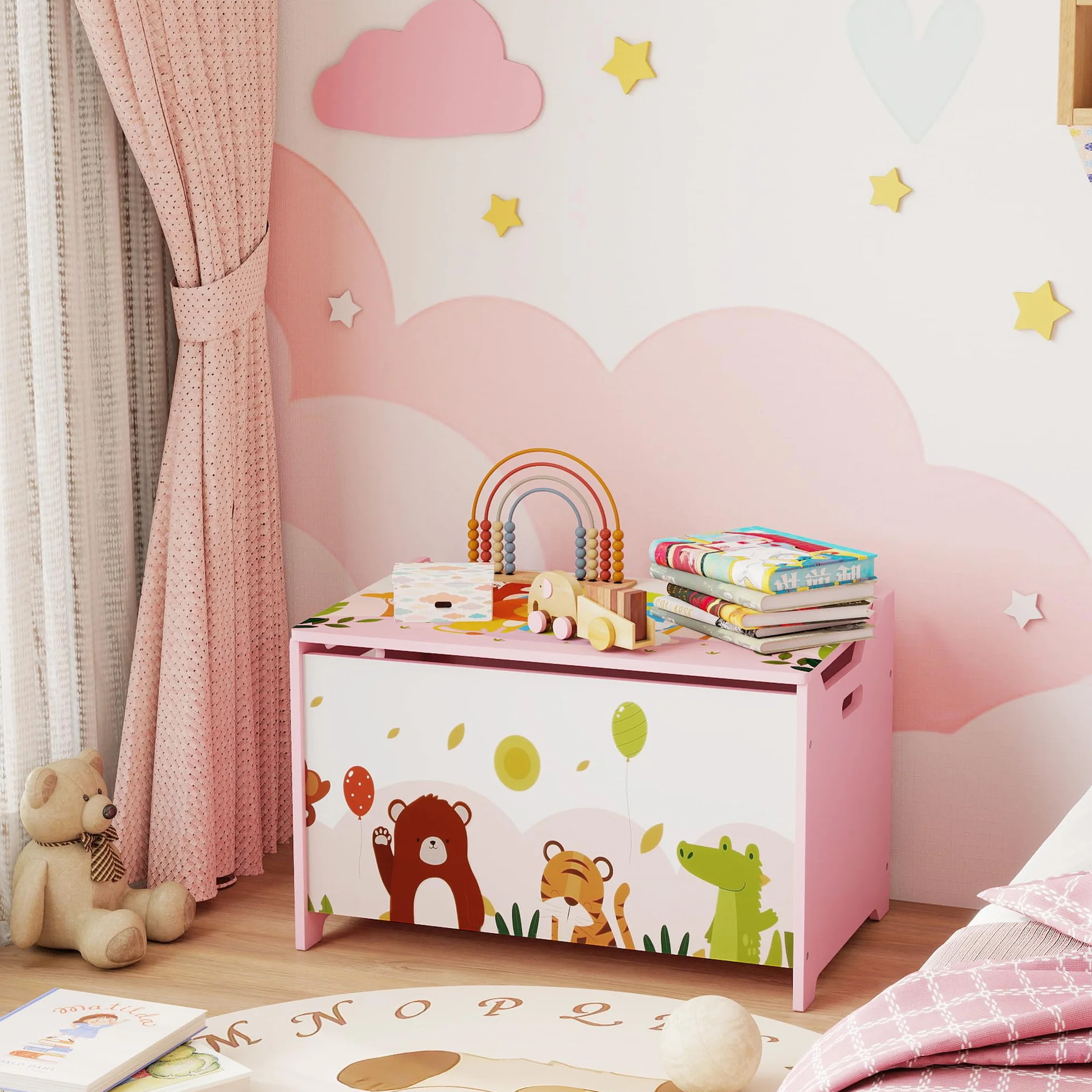 AIYAPLAY Caja de Almacenaje de Juguetes, Baúl Juguetes Infantil, Tapa Abatible con Cierre Suave, Asas, Estampados de Animales, para Libros, Ropa en Dormitorio, Sala de juegos, Guardería, Rosa