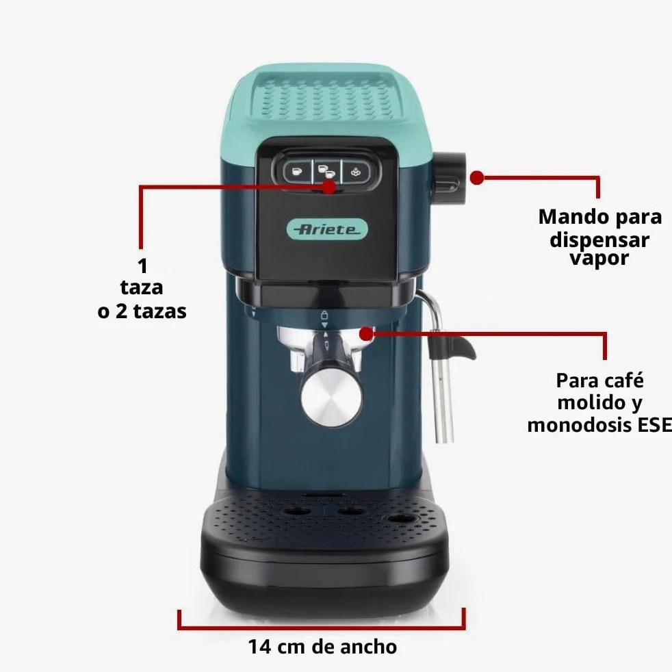Ariete 1399 Máquina de café espresso, para polvo y almohadillas ESE, 1300 W, capacidad de 1,1 l, presión de 15 bar, filtro 1, 2 tazas y almohadillas ESE, capuchino