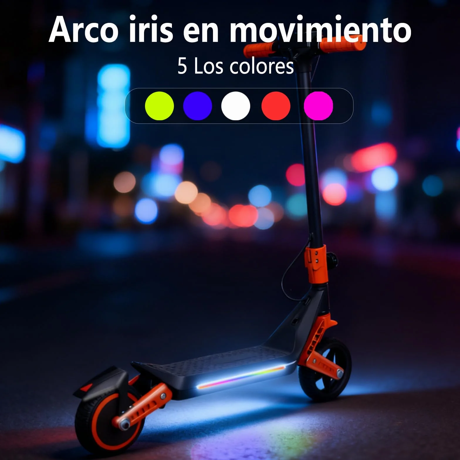 Patinete eléctrico para niños Doble suspensión Luces Arco Iris LED Alcance 12 km