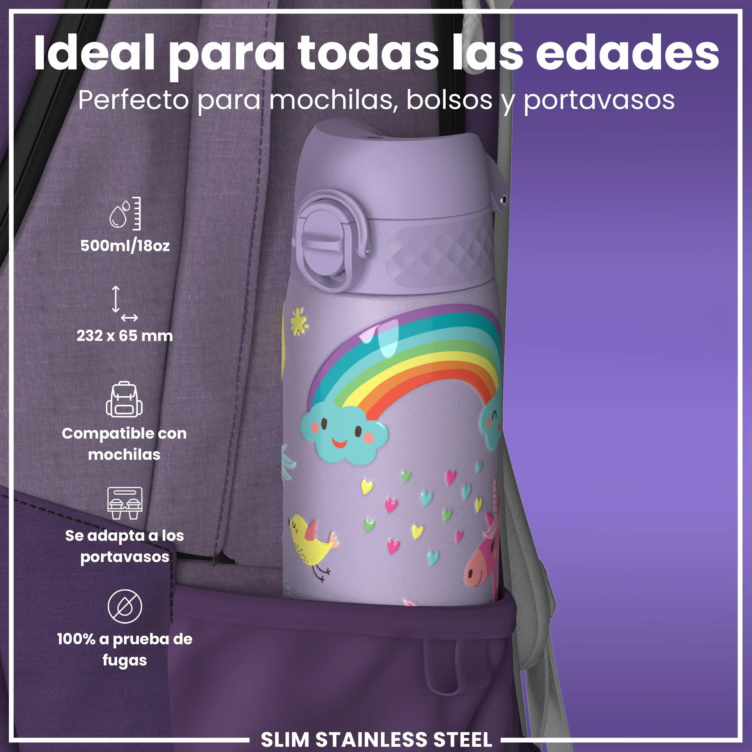 ion8 Botella Agua Inox 600ml Sin Aislamiento a Prueba de Fugas Fácil de Abrir Cerradura Segura Unicornios Púrpura