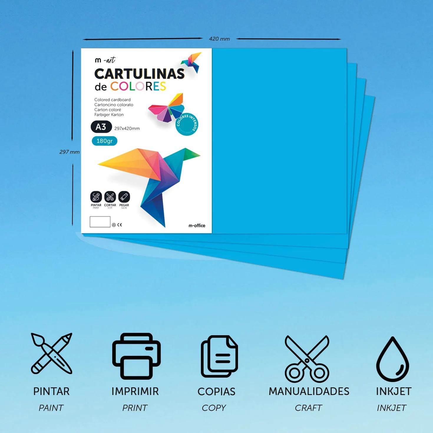 M-Office Cartulina A3 180gr - Surtido de Colores Intensos para Manualidades, Impresión de Documentos y Diseños Creativos (10 Hojas)
